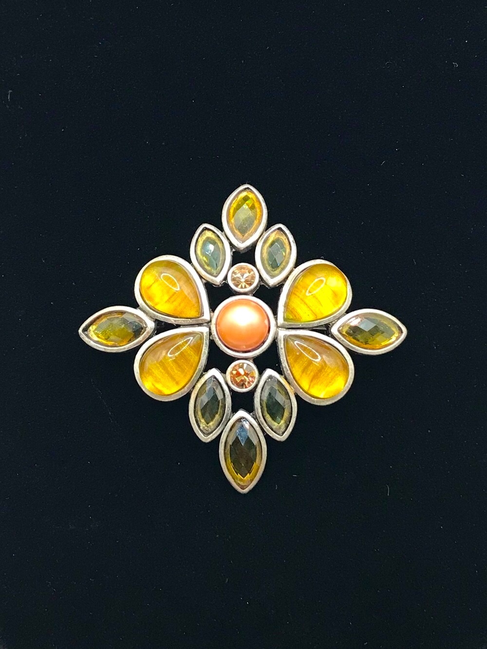 Silver-Tone with Yellow & Green  Cabochons Floral Brooch